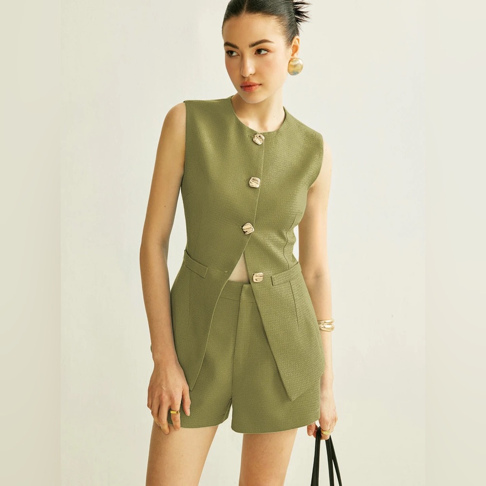 Button Vest With Shorts Set in Army Green